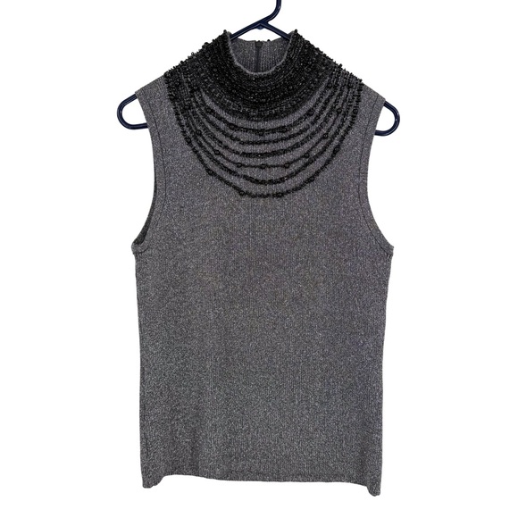 Evie Metallic Gray Silk Beaded Mock Neck Sleeveless Vintage Glam Office Tank - Picture 1 of 7